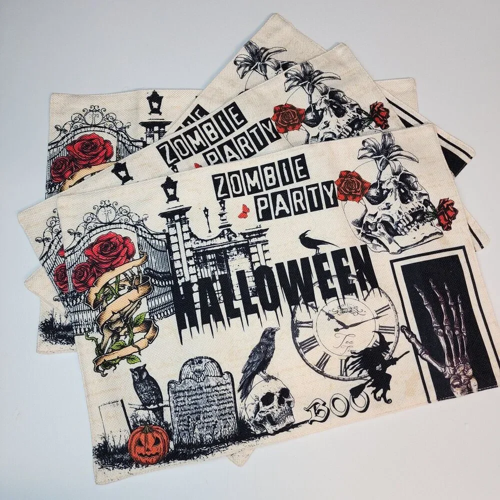 Halloween Theme Place Mats 4 Pack Roses Crows Skulls Spooky Zombie Party 18x12